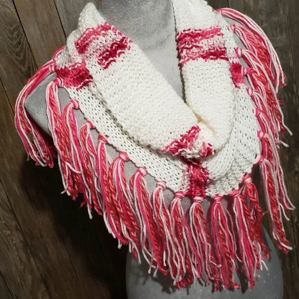 NEW Hand Knitted Pink White Womens Boho Cowl Scarf Fairy Cottage Coquette Whimsy